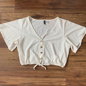Cream Crop Top Blouse with Belled Sleeves